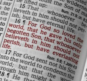 Closs up image of John 3:15, 16, and part of 17, with verse 16 in red letters because it is quoting Jesus.