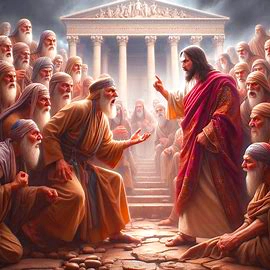 Jesus leaning forward with arm raised and his fist balled with the index finger extended arguing with the Pharisees.