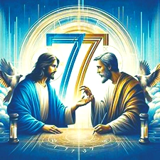 An Image of Jeus and Peter sitting face to face with Peter asking Jesus if he should forgive someone 7 times, with the number 77 as the back drop, which was times ten the number that Peter sought.