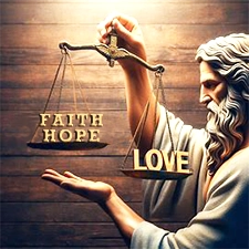 God, The Father, holding scales that have Faith and Hope on one side and Love on the other. The scales are unbalanced with Love out weighing Faith and Hope.