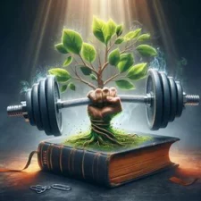 The Holy Bible with a wrist and fist growing out the cover, tightly gripping a weight-lifting barbell that is bent because of the weights on either side of the fist and there is a healthy tree growing out of the Bible as well. I is shooting up behind the fist, but its roots appear to be strengthening the wrist by growing aroud it from the ground up to stop just below the fist clinching the barbell. This image represents growing and building exceptional faith through letting the Word of God,The Holy Bible, be the ground and foundation of growth.