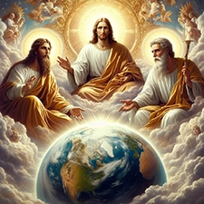 The three persons of the Holy Trinity contemplating how the gift of salvation would allow mankind the offer of salvation.