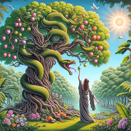 Image of Eve inthe Garden of Eden, Picking the Fruit from the Tree of Knowledge of Good & Evil, with the serpent entwined around the trunk and in the branches, speaking to her with the forked tongue.