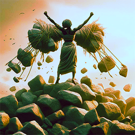 A woman standing on the piles of rocks that had fomely been the rubble she had carried upon her back, weighing her down. She is standing atop that rubble and rejoicing in the freedom of forgivenss. Her hands are raised with the fists of victory and her brundens are flying from her.