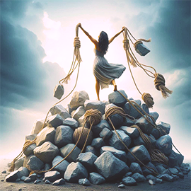 Image of Joyous Woman with hands raised in praise as she stands atop the pile of large rocks that represent all of the self-blame, recriminations, and the instances in her life of the inability to forgive herself for the things she has done, or experienced.