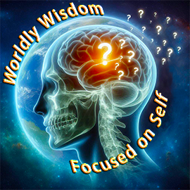 Image representing Worldly Wisdom, Focused on Self. 
The image is of a translucent, left-facing profile of the head and neck of a man,with question marks emanating from within the skull and floating without.