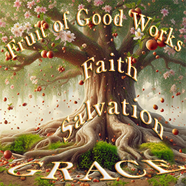 The Tree of Good Works producing fruit with the nourishment of Salvation and Grace that only comes from God.